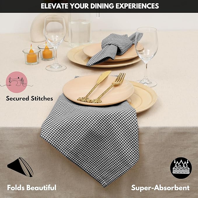 Cloth Napkin 100% Cotton 18Inch x 18Inch Decorative Washable Houndstooth Check Napkins Table Napkin for Dining, Kitchen, Parties & Camping - Black (Set of 12)