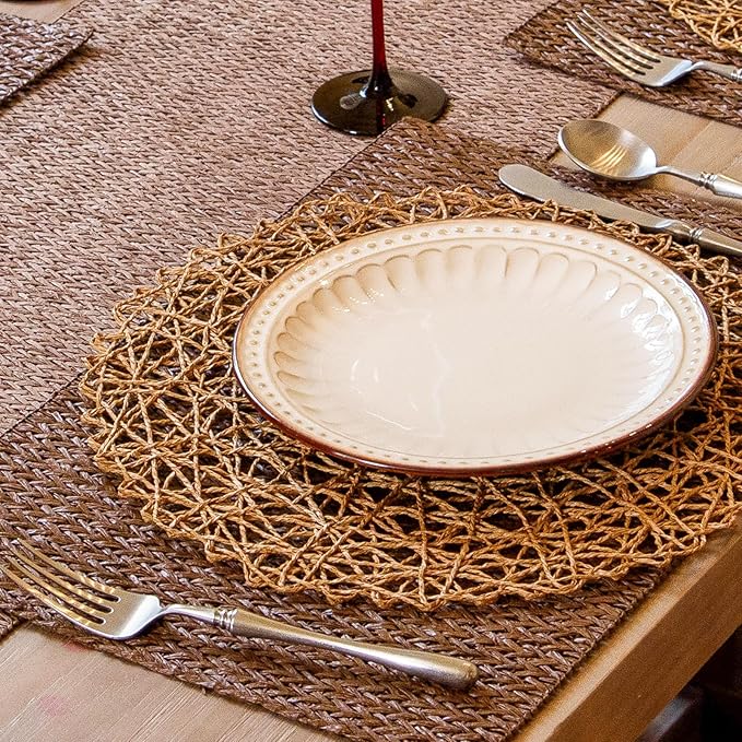 AHHFSMEI Paper Braided Round Placemats Set of 12 Natural Non-Slip Heat Resistant Table Mats for Dining Tables Woven Indoor & Outdoor Place mats(Brown,12)