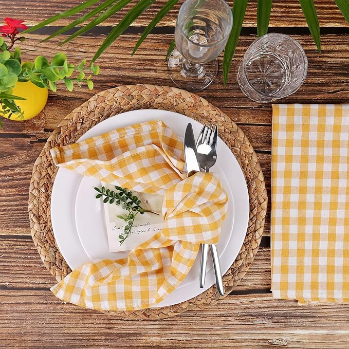 Yellow White Buffalo Plaid Cloth Napkins Set of 6, 18 x 18 Inches Washable Table Napkins, Reusable Gingham Cloth Dinner Napkins for Wedding, Parties, Thanksgiving, Christmas, Dining Celebration