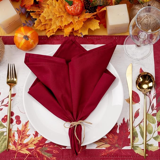 Fall Cloth Napkins,100% Cotton Dinner Napkins Set of 6.Thanksgiving Decorations Gifts for Table Decor. Washable Reusable Thick. 2 Burgundy red,2 Orange,2 Harvest Gold.18by18(Tricolor)