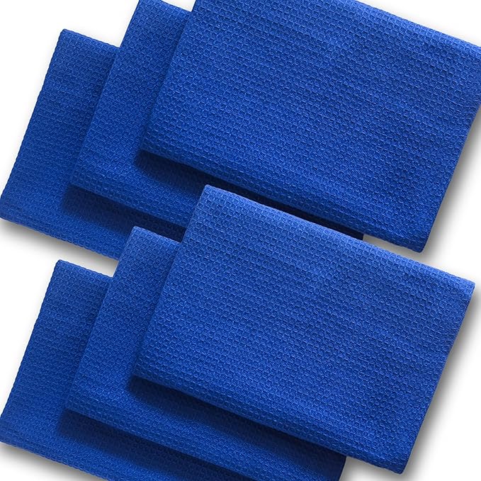 Highly Absorbent Cotton Dish Towels for Drying - Set of 6 Royal Blue Kitchen Towels - 18"X28" Lint Free Waffle Weave Cloth Linen Hand Bathroom Bulk Dishtowels