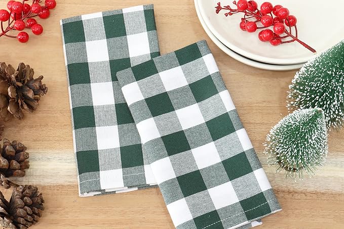 PurpleEssences Buffalo Plaid Cloth Napkins - Mitered Corners - Spring Easter Summer - Gingham Check Dinner Napkin - Set of 12-100% Cotton - 18x18 Inch - Reusable Washable - Forest Green and White