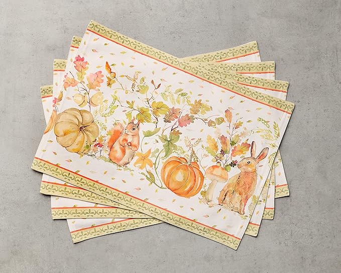 Maison d' Hermine Placemats Set of 4 100% Cotton Washable Cloth Place Mats, Reusable Table Mats for Thanksgiving Christmas Decorations Kitchen Dining Party Wedding (Pumpkin Passion, 13" x 19")