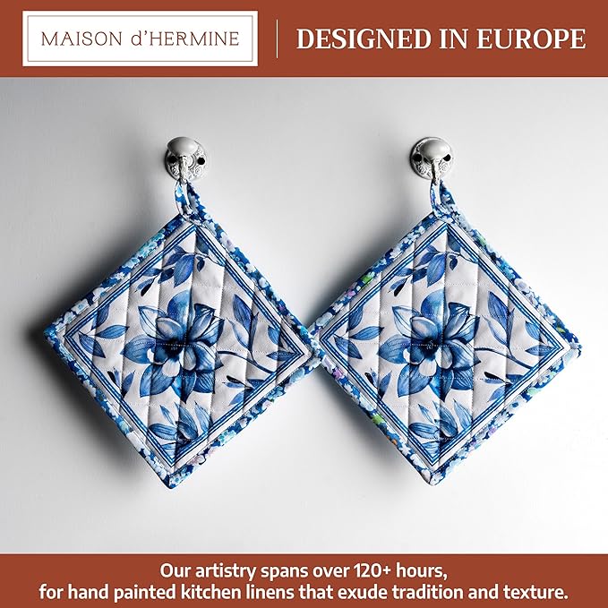 Maison d' Hermine Pot Holders 100% Cotton Heat Resistant Potholders 8" x 8" Hot Pads with Loop BBQ Cooking Baking Gifts for Mothers Day Handling Hot Pans Spring/Summer (Pack of 2, Summer Blues)