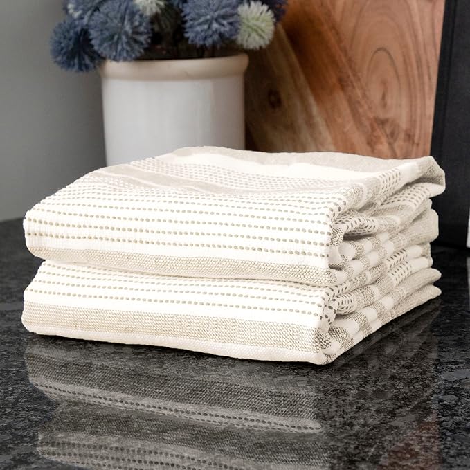T-Fal Premium Dual-Sided Skipping Striped Kitchen Towels (2-Pack), 18" x 28", Highly Absorbent, Long-Lasting, Reversable 100% Flat-Weave Cotton Dish Towels, Hand Towels, Bar Towels, Toast