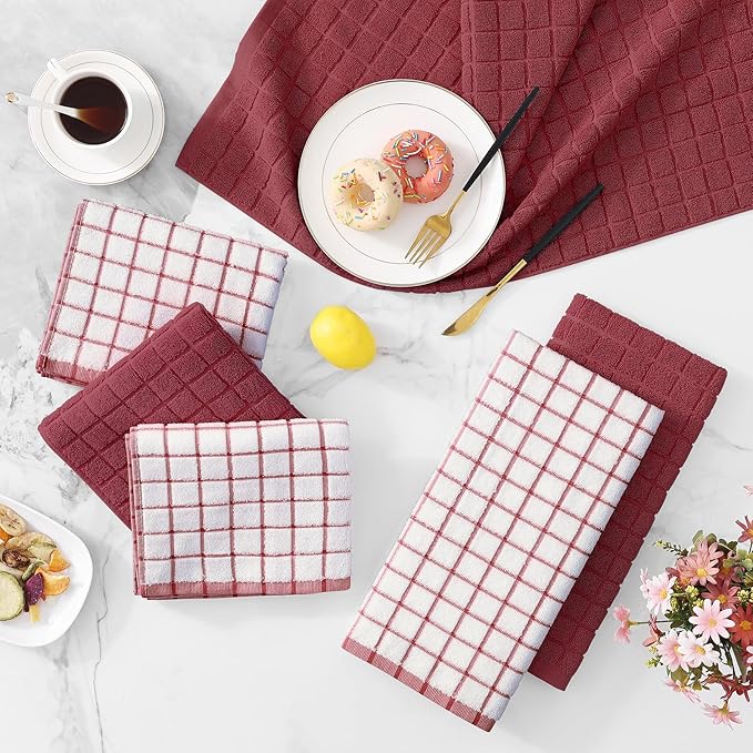 Homaxy Premium Cotton Kitchen Towels 16"x 28", Large Natural Ring Spun 390 GSM Dish Towels, Super Absorbent Terry Kitchen Hand Towels, Soft Tea Towels with Hanging Loop, Red Check Design, 8 Pack