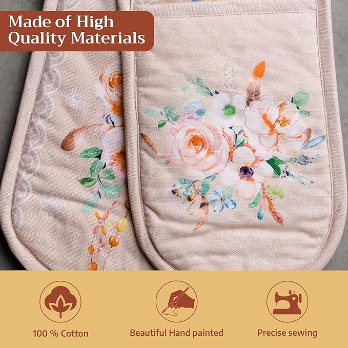 Maison d' Hermine Double Oven Mitts 100% Cotton 7"x35" Double Oven Mitt Heat Resistant BBQ Cooking Gloves with Loop Baking Grilling Gifts for Mothers Day Spring Summer (Ibiza - Beige)