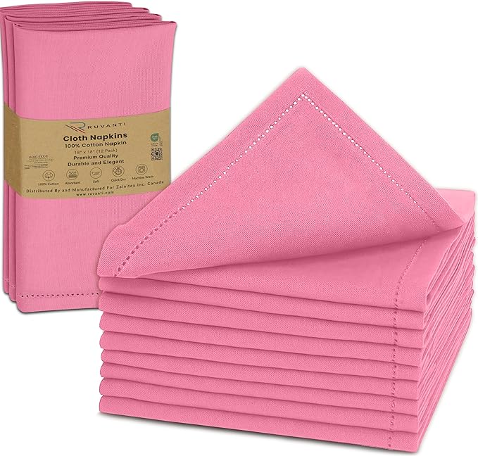 Ruvanti Cloth Napkins Set of 12, 100% Cotton High GSM 18x18 Inches, Hem Stitched Corners, Soft, Washable, Highly Durable & Absorbent, Perfect for Parties, Christmas, Thanksgiving Dinners – Pink