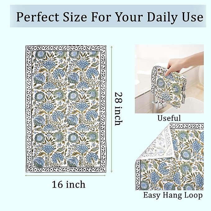 Ridhi Asparagus Green Hand Block Print Waffle Kitchen Towel Set of 3-16 x28 Ultra Absorbent Quick Dry 100% Cotton Waffle Dish Towels Lightweight Reusable Sustainable Tea Towels for Cleaning and Drying