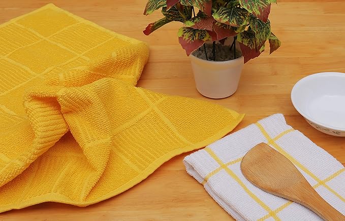 AMOUR INFINI Kitchen Towels Pack of 4, Terry Cotton Dish Towels, Ultra Absorbent, Quick Drying Hand & Tea Towels, Soft Durable Cleaning Cloths with Hanging Loop, 16 x 26 Inch (Yellow)