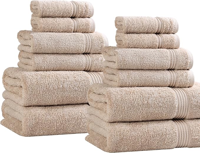 Superior Egyptian Cotton 12-Piece Towel Set, Assorted Towels for Home Bathroom, Guest Bath Decor Essentials, Includes 4 Bath, 4 Hand, 4 Face Towels/Washcloths, Quick Dry, Absorbent - Taupe