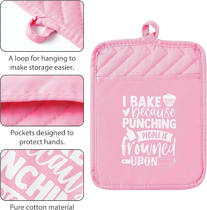 GROBRO7 6Pcs Cotton Oven Mitts Pot Holders Funny Women Resistant Hot Pads Machine Washable Microwave Gloves with Hanging Loop Pocket Potholder for Kitchen Baking Cooking GrillingPink