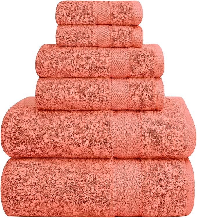 Oakias Premium Towel Set 600 GSM 6 Piece Coral - 100% Ring Spun Cotton Highly Absorbent Towels Set - Super Soft Bathroom Towel Set - Hotel Quality Double Stitched Hem - Ideal for Hotels, Spa, Gyms