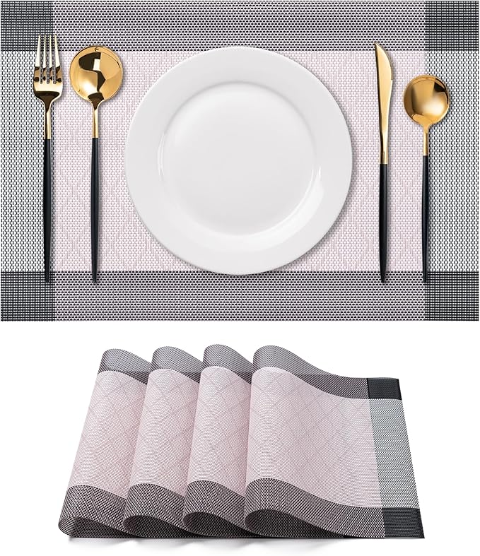 CADONO Placemats Set of 4 Washable Indoor/Outdoor Vinyl Place Mats for Dining Table Durable Non-Slip Heat Resistant PVC Weave Table Mats（Rhombus-Pink）
