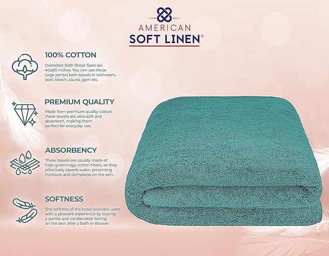 American Soft Linen 100% Cotton 600 GSM Turkish 40x80 Oversized Bath Towel Sheet, Extra Large Adult Towels for Bathroom, Teal Bath Sheet