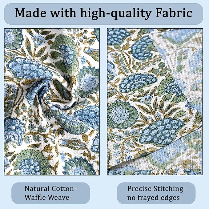 Ridhi Asparagus Green Hand Block Print Cotton Waffle Dish Cloth Set of 12-12x12 Inch Super Absorbent, Soft, Reusable Kitchen Towels for Dish Drying Cleaning, Ideal for Spring, Easter, Valentine
