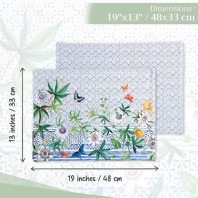 Maison d' Hermine Placemats Set of 4 100% Cotton Washable Cloth Place Mats Reusable Table Mats for Kitchen Dining Party Wedding Gifts for Mothers Day Spring/Summer (Passiflora, 13" x 19")