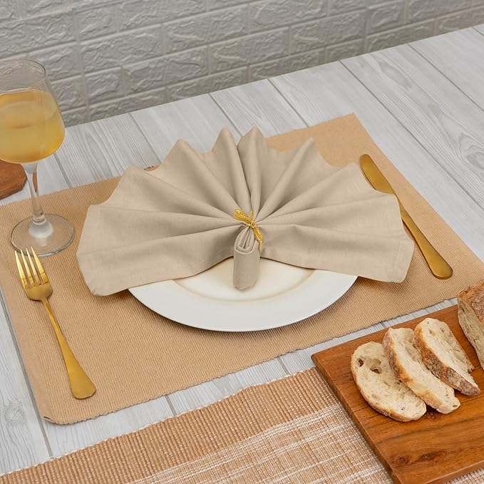Blue Needles Solid Cloth Napkins Set of 12 Beige 100% Cotton Dinner Napkins 18x18 inches - Spring Summer Easter - Soft, Reusable, Absorbent & Washable Linen, Ideal for Events Parties & Everyday Use