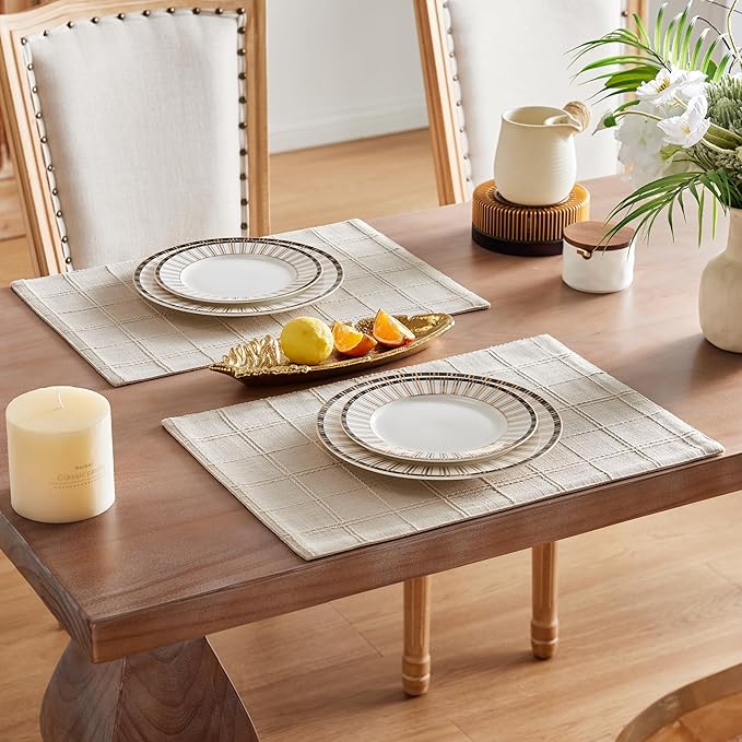 ZeeMart Linen Checked Placemats Set of 6, Plaid Embroidery Textured Table Mats, Double Layer Thick Farmhouse Rustic Place Mats for Kitchen Dining Table Home Decor, Beige 13x19 Inch