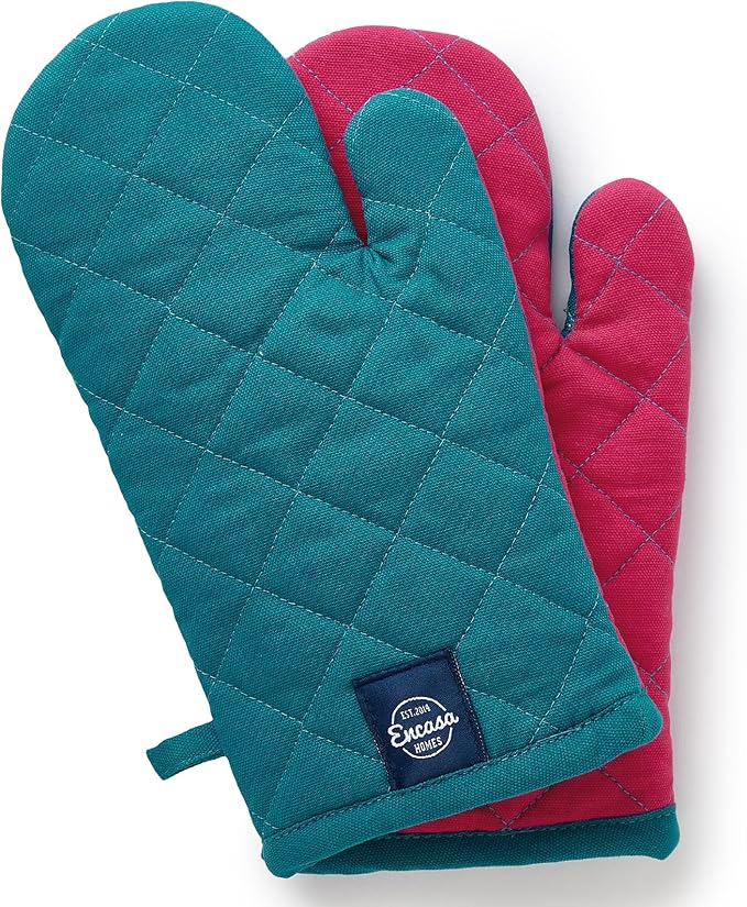 Encasa XO Heat Resistant Cotton Oven Gloves Mitts (2 Pc Set) - Quilted & Safe 12x6.6 in - for Kitchen, Cooking & Baking, Grilling, Handling Hot Pots & Pans - Azul Blue
