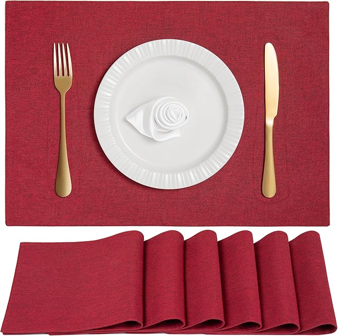 Linen Cloth Double Layers Placemats, Cotton Woven Placemats Set of 6, Kitchen Table Farmhouse Decor Heat Resistant Table Mats, Outdoor Indoor Square Fabric Place Mats Can be Washable (Burgundy)