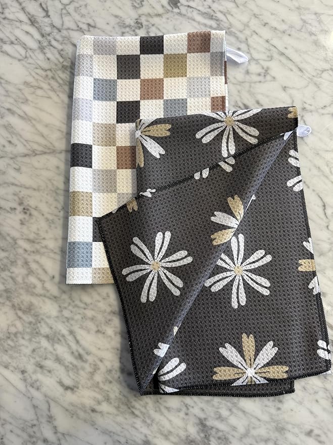 2 Pack || Double Sided|| Not Your Ordinary Kitchen Towels || Dish Towels || Quick Dry || Waffle Weave Microfiber || Designer Prints || Highly Absorbent || Hanging Hook (Multi-Checkered)
