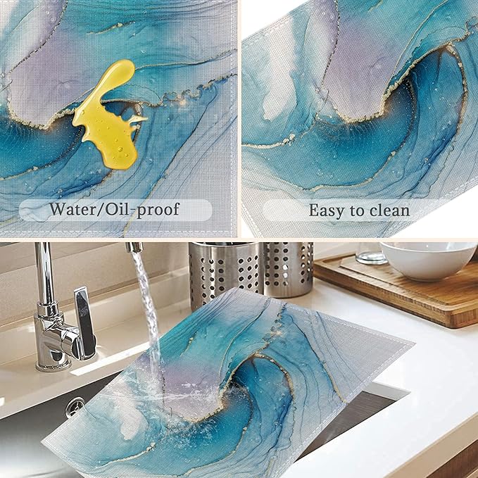 Teal Blue Placemats Set of 6,Washable Heat Resistant 12×18 Inch Linen Table Mats Marble Texture Place Mats for Party Outdoor Dining Décor