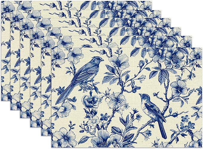Spring Vintage Bird Flower Placemats Set of 6,12x18 Inch Navy Blue Chinoiserie Linen Place Mat Table Mats for Seasonal Farmhouse Kitchen Party Home Decor