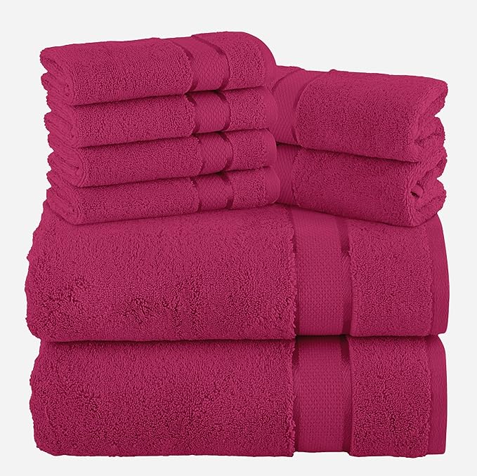 Elegant Comfort Premium Cotton 8-Piece Towel Set, Includes 4 Washcloths, 2 Hand Towels and 2 Bath Towels, 100% Turkish Cotton - Highly Absorbent and Super Soft Towels for Bathroom, Hot Pink