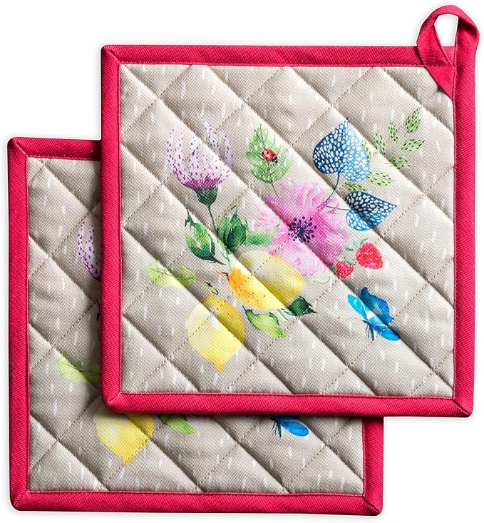 Maison d' Hermine Pot Holders 100% Cotton Heat Resistant Potholders 8" x 8" Hot Pads with Loop BBQ Cooking Gifts for Mothers Day Handling Hot Pans Spring/Summer (Pack of 2, Jardin D'Ete - Fog)