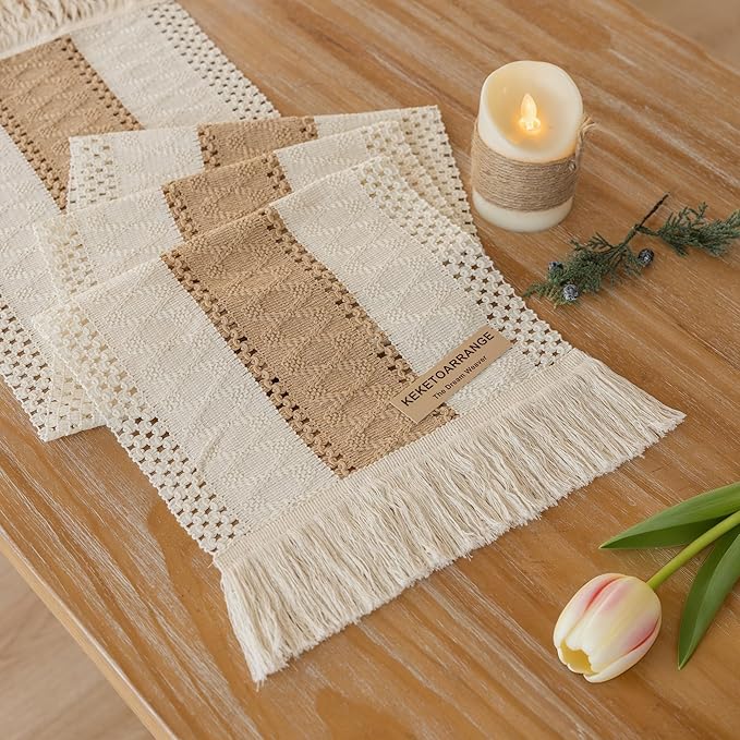 Keketoarrange Boho Table Runner Cream Beige Brown for Home Decor 12x60 Inches Farmhouse Small Macrame Woven Burlap Rustic Coffee Table Runner Dresser Scarf Dining Kitchen Centerpiece Bohemian Decor