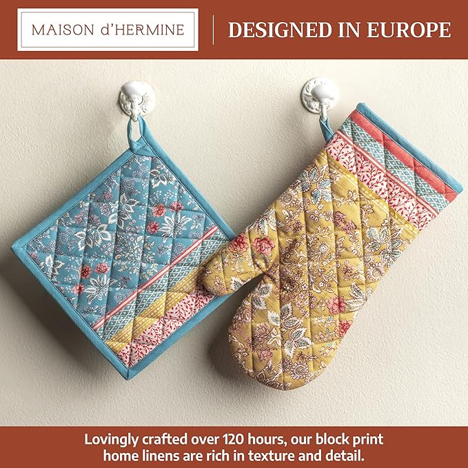 Maison d' Hermine 100% Cotton Oven Mitt & Pot Holder Set (7.5"x13" & 8"x8") Heat Resistant BBQ Cooking Gloves with Loop Baking Grilling Kitchen Gifts for Mothers Day Spring/Summer (Marquise)