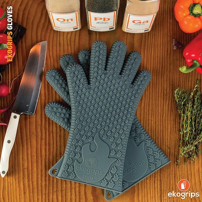 Jolly Green Products Ekogrips Heat-Resistant BBQ Gloves – Premium Silicone Cooking & Grill Gloves for Oven, Fireplace & Campfire Use, Non-Slip, Waterproof, Grey, XXL