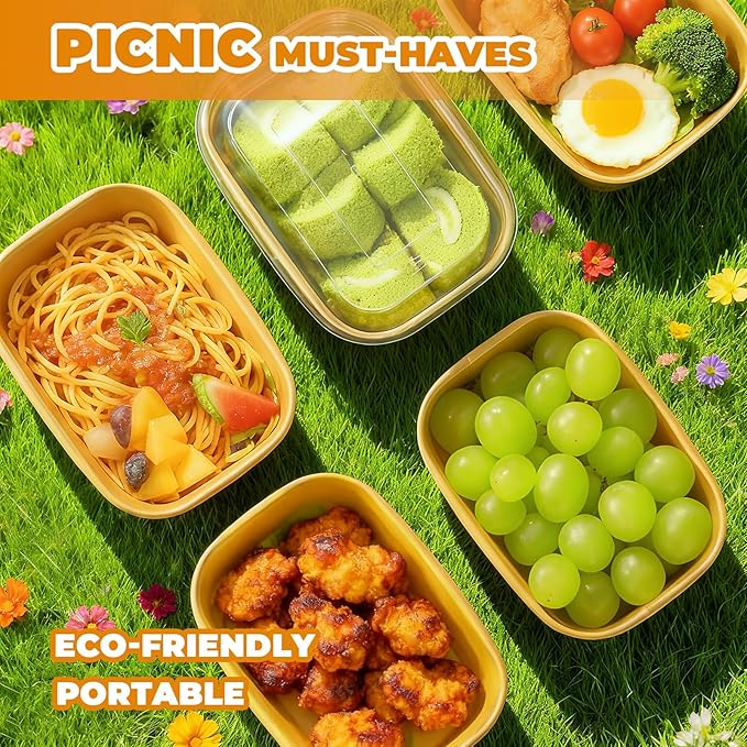 Kaderron 50 Pack 29 OZ Large Paper Bowls with Lids【with Spoons and Forks】, Heavy Duty Disposable Meal Prep Containers for Party, Disposable Bowls Bulk Soak-Proof and Microwave Safe for Hot/Cold Use