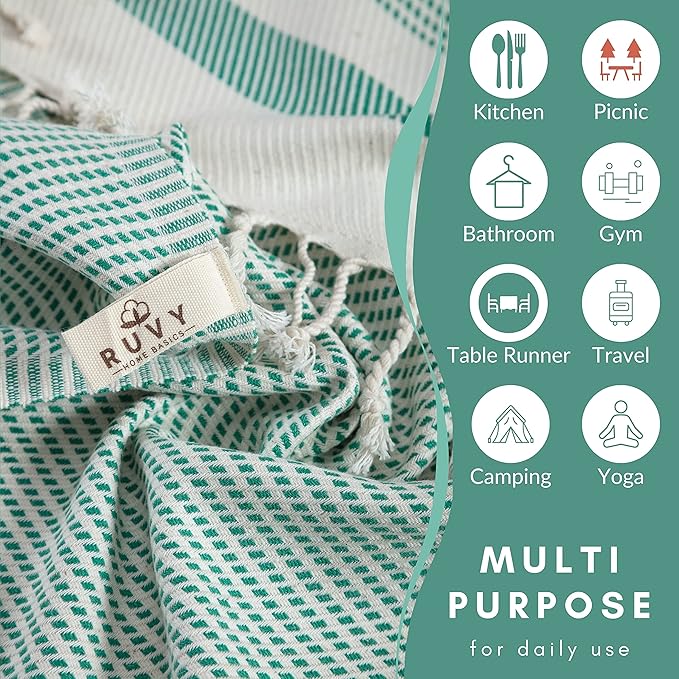 Ruvy Home Basics Turkish Hand Towels for Bathroom Set of 4 | 18"x40", Cotton | Decorative Towel for Bathroom, Kitchen, Dishcloth, Tea, Yoga, Face, Gym - Green