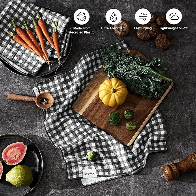 RECYCO Waffle Kitchen Towel Set of 2 - Quick Dry Microfiber Sustainable Dish Towels - Ultra Absorbent Reusable Cleaning Tea Towels - Lightweight Hand Towels,16”x 28”, Dove Gray Plaid