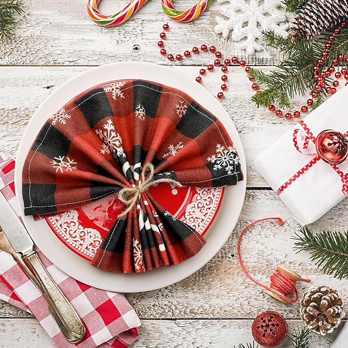 Funnymoom 24 Pcs Christmas Plaid Cloth Napkins Buffalo Gingham 15 x 15 Inches Snowflakes Black and Red Checked Cotton Dinner Napkins Soft Absorbent Washable for Holiday Winter Xmas Party