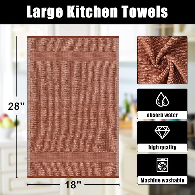 Homaxy Premium Kitchen Towels(18”x 28”, 6 Pack), Large Cotton Kitchen Hand Towels, Flat and Terry Dish Towels, 380 GSM Highly Absorbent Tea Towel Set with Hanging Loop, Rust