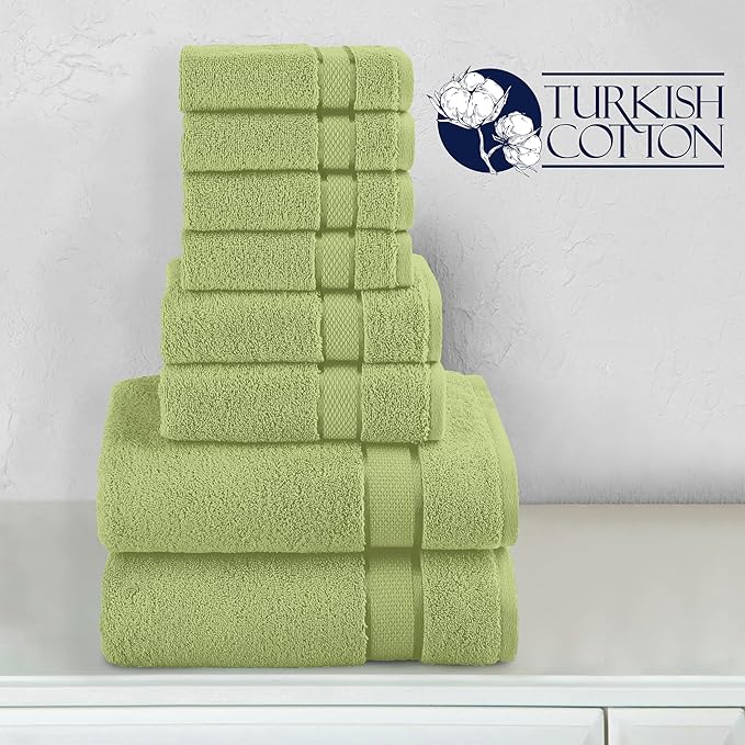Elegant Comfort Premium Cotton 8-Piece Towel Set, Includes 4 Washcloths, 2 Hand Towels and 2 Bath Towels, 100% Turkish Cotton - Highly Absorbent and Super Soft Towels for Bathroom, Sage