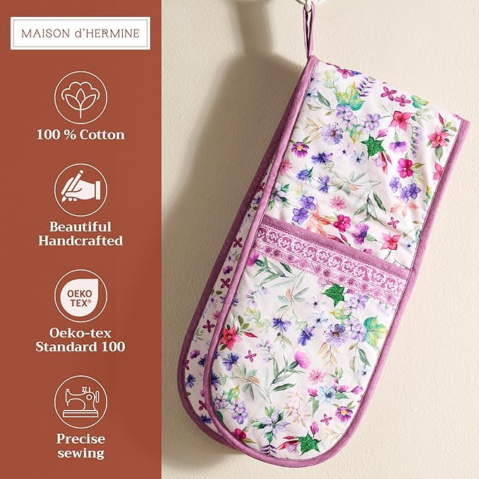 Maison d' Hermine Double Oven Mitts 100% Cotton 7"x35" Double Oven Mitt Heat Resistant BBQ Cooking Gloves with Loop Baking Grilling Gifts for Mothers Day Spring Summer (Chardon)