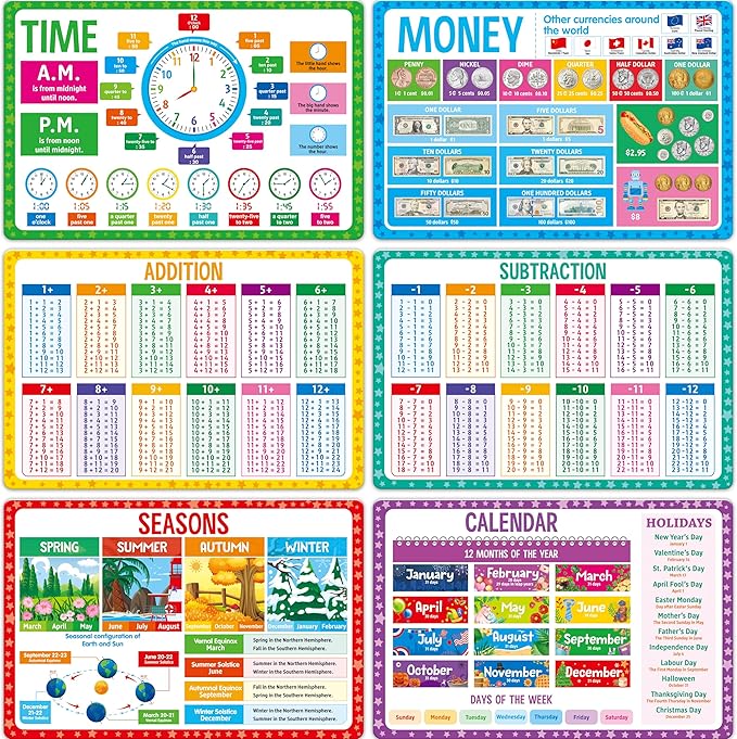 6 Pack Placemats for Kids, Non-Slip Washable Table Mat, Reusable Addition, Subtraction, Time, Calendar, Money & Holiday Placemats for Home, Kindergarten, Classroom, Nursery