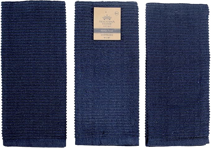 Serafina Home Oversized Solid Color Dark Navy Blue Kitchen Dish Towels: 100% Cotton Cloth Soft Cleaning Drying Absorbent Ribbed Terry Loop, Set of 3 Multipurpose for Everyday Use (Navy Blue)