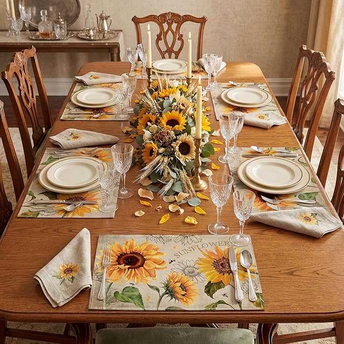 Sunflower Linen Placemats Set of 6, 12x18 Inch Farmhouse Spring Summer Sunshine Table Mats, Washable Table Decor for Kitchen Dining Indoor Outdoor Party Holiday