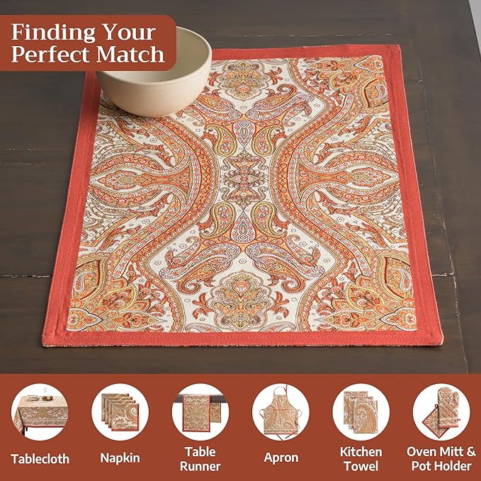 Maison d' Hermine Placemats Set of 4 100% Cotton Washable Cloth Place Mats, Reusable Table Mats for Thanksgiving Christmas Decorations Kitchen Dining Party Wedding (Kashmir Paisley, 13" x 19")