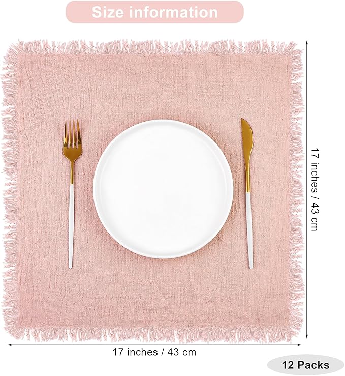 TURSTIN 12 Pieces Cotton Linen Cloth Napkin Handmade Cloth Napkin with Fringe 17 x 17 Inch Soft Dinner Wedding Napkins Square Rustic Fringe Table Napkins for Dinners, Parties, Weddings, Dusty Pink