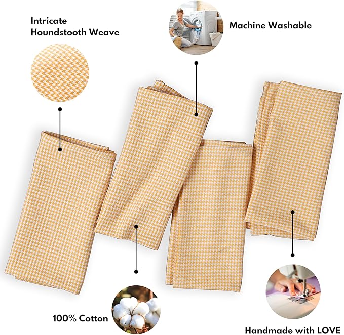 Napkin 100% Cotton 18 Inch x 18 Inch Dinner Napkins, Decorative Washable Houndstooth Check Cloth Napkin Set of 4 for Dining, Buffet Parties & Camping - Mustard Yellow