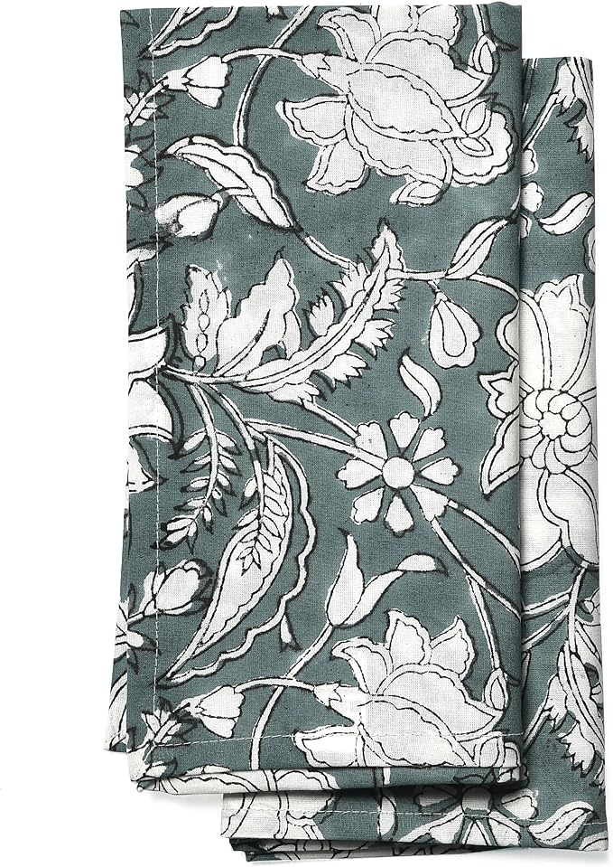 CPC Cloth Napkins Set of 4 Cotton Printed Dinner Hand Print Napkins I Wedding Cocktail Cloth Floral Napkins I 18x18 in I Gray Flower