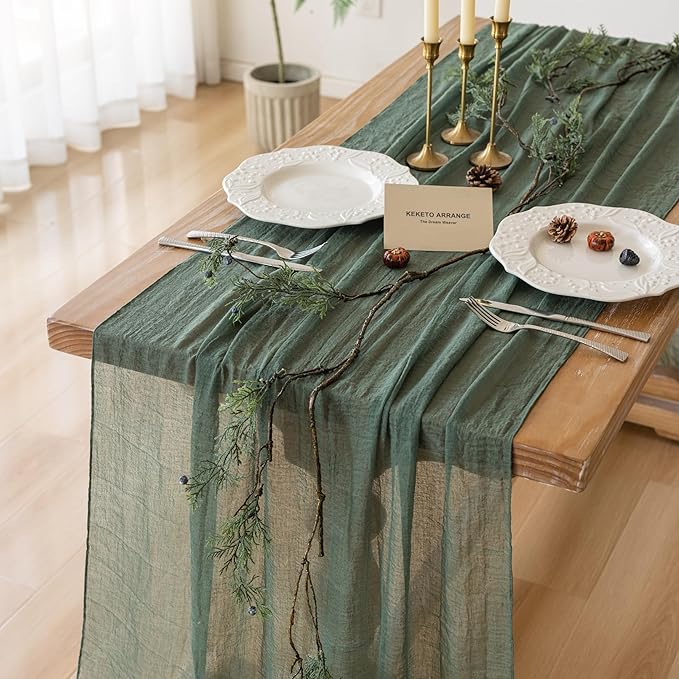 Keketoarrange 6Pcs Forest Green Gauze Rustic Cheesecloth Table Runner 120 Inch 10 FT for Wedding Baby Shower Bridal Shower Birthday Engagement Garden Outdoor Party Long Sheer Boho Decorations