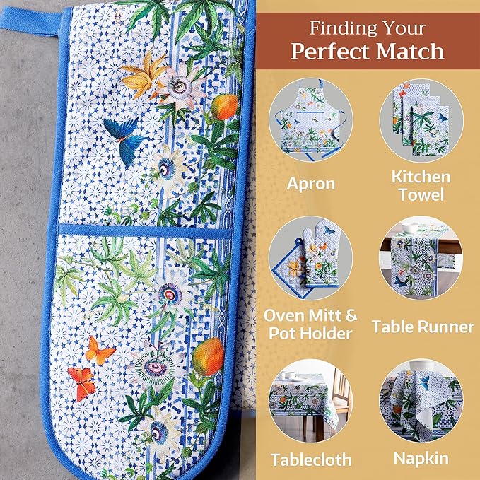 Maison d' Hermine Double Oven Mitts 100% Cotton 7"x35" Double Oven Mitt Heat Resistant BBQ Cooking Gloves with Loop Baking Grilling Gifts for Mothers Day Spring Summer (Passiflora)
