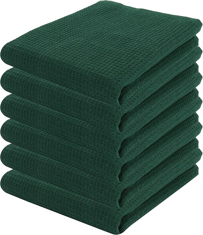 PurpleEssences Waffle Weave Kitchen Towel, 100% Cotton - 15x25 Inches with Hanging Loop, Ultra Soft Absorbent Quick Drying Dish Cloth, Tea and Hand Towels, 6 Pack - Spring Easter Summer - Green